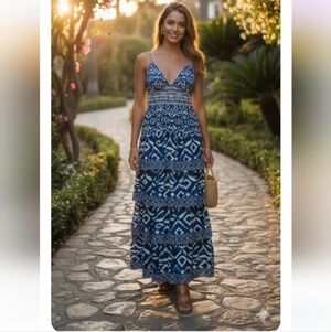 🆕️ House Of Harlow 1960 Blue And White Patterned Tiered Maxi Dress Size M